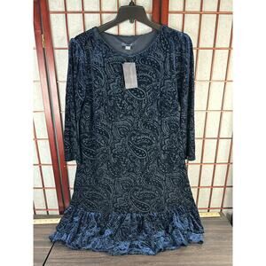 Tommy Hilfiger women's blue velvet burnout paisley print shift dress ruffled hem